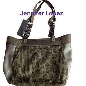 NWT JLO JENNIFER LOPEZ LEOPARD PRINT PURSE WITH SIDE POCKETS AND CHAIN STRAP